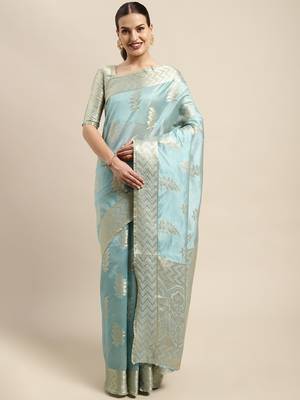Sky Blue Woven Organza Saree With Blouse 1