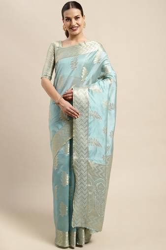 Sky Blue Woven Organza Saree With Blouse