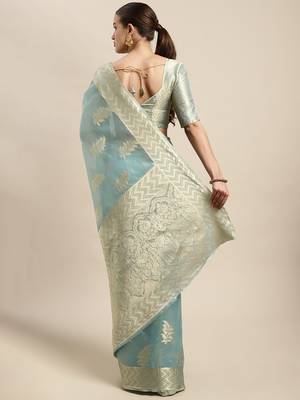 Sky Blue Woven Organza Saree With Blouse 2