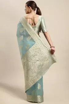 Sky Blue Woven Organza Saree With Blouse
