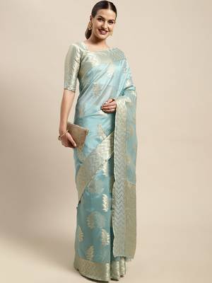 Sky Blue Woven Organza Saree With Blouse 3