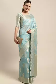 Sky Blue Woven Organza Saree With Blouse