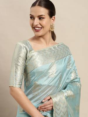 Sky Blue Woven Organza Saree With Blouse 4
