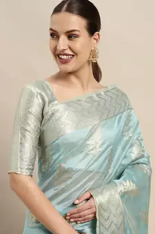 Sky Blue Woven Organza Saree With Blouse