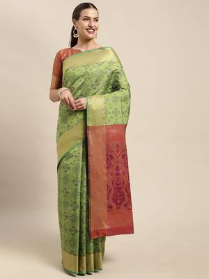 Green woven banarasi silk blend saree with blouse 1