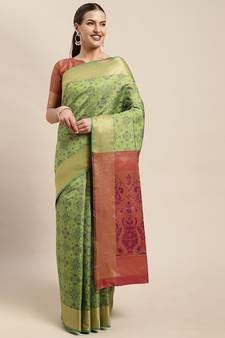 Green woven banarasi silk saree with blouse