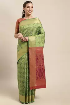 Green woven banarasi silk saree with blouse
