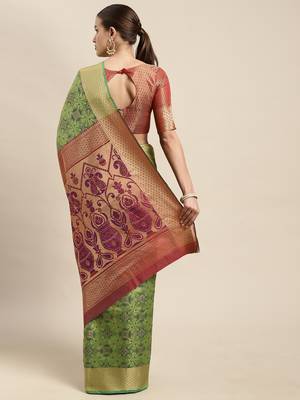 Green woven banarasi silk blend saree with blouse 2