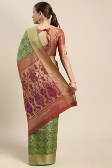 Green woven banarasi silk blend saree with blouse