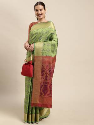 Green woven banarasi silk blend saree with blouse 3
