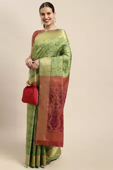 Green woven banarasi silk blend saree with blouse