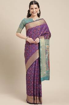 Violet Woven Banarasi Silk Saree With Blouse