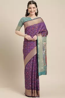 Violet Woven Banarasi Silk Saree With Blouse