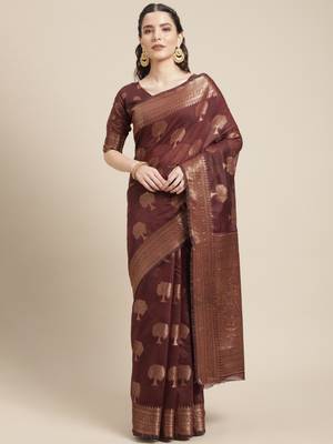 Chocolate Woven Linen Saree With Blouse 1