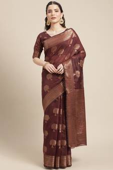Chocolate Woven Linen Saree With Blouse