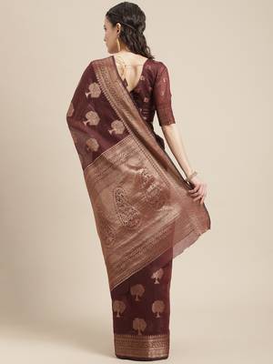 Chocolate Woven Linen Saree With Blouse 2