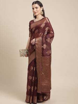 Chocolate Woven Linen Saree With Blouse 3