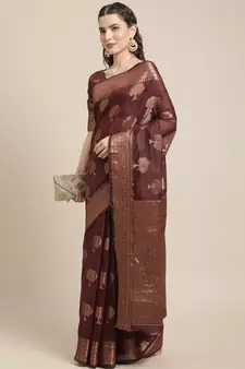Chocolate Woven Linen Saree With Blouse