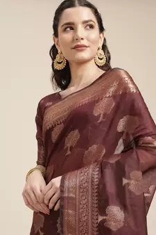 Chocolate Woven Linen Saree With Blouse