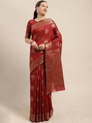 Maroon Woven Linen Saree With Blouse 1