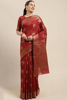 Maroon Woven Linen Saree With Blouse