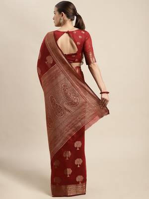 Maroon Woven Linen Saree With Blouse 2