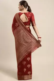 Maroon Woven Linen Saree With Blouse