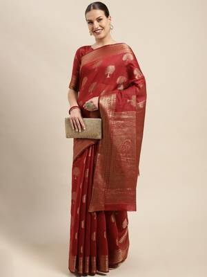 Maroon Woven Linen Saree With Blouse 3