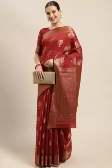 Maroon Woven Linen Saree With Blouse