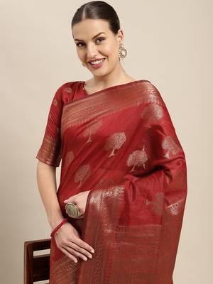 Maroon Woven Linen Saree With Blouse 4