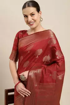 Maroon Woven Linen Saree With Blouse