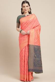 Dark Peach Woven Banarasi Silk Saree With Blouse