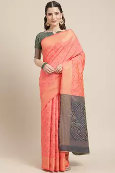 Dark Peach Woven Banarasi Silk Saree With Blouse