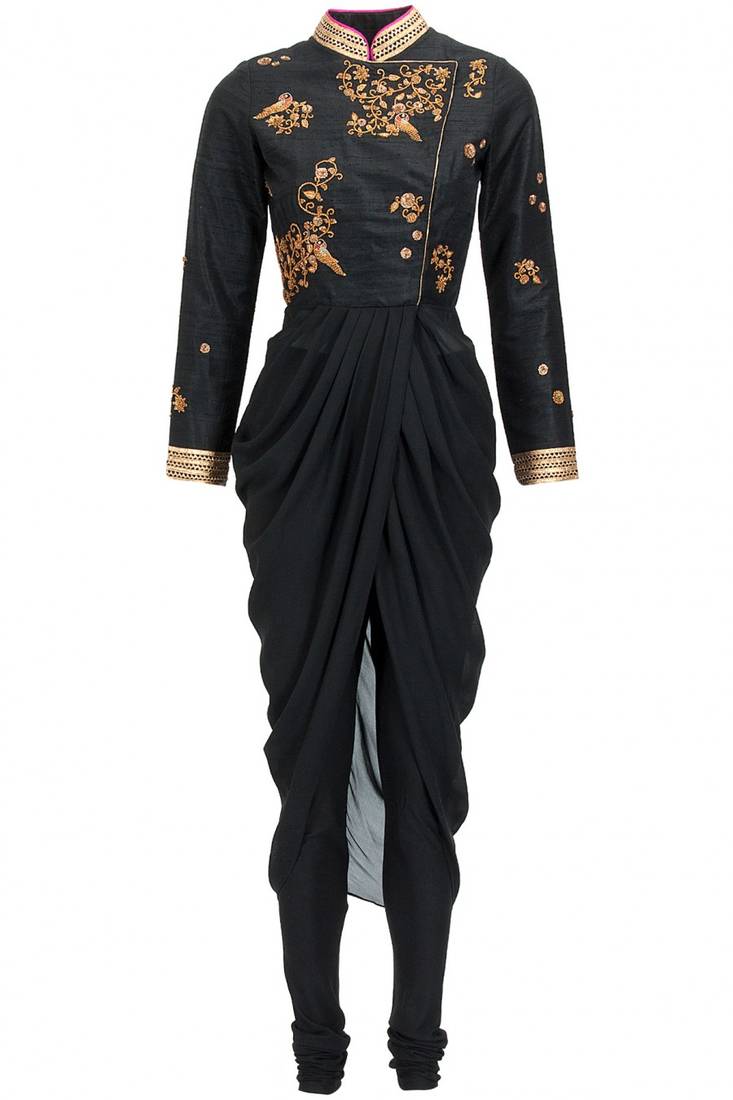 Black embroidered raw silk and georgette party-wear-Kurtis