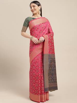 Rani pink woven banarasi silk saree with blouse 1