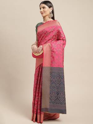 Rani pink woven banarasi silk saree with blouse 3