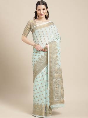 Sky Blue Woven Linen Saree With Blouse 1
