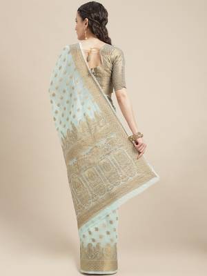 Sky Blue Woven Linen Saree With Blouse 2