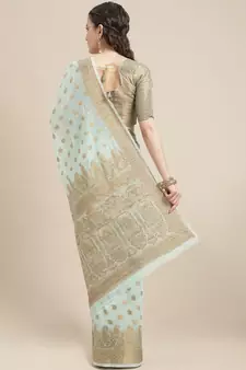 Sky Blue Woven Linen Saree With Blouse