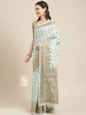 Sky Blue Woven Linen Saree With Blouse 3