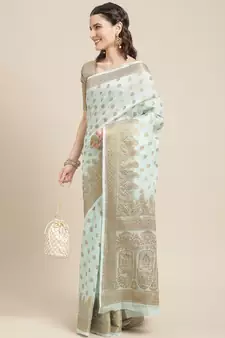 Sky Blue Woven Linen Saree With Blouse