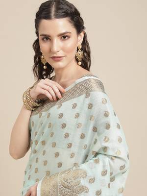 Sky Blue Woven Linen Saree With Blouse 4