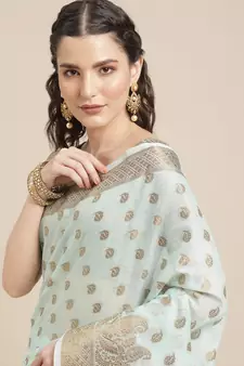 Sky Blue Woven Linen Saree With Blouse
