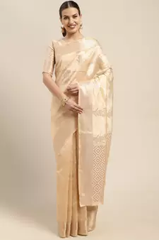 Beige woven organza saree with blouse