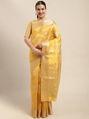 Mustard woven organza saree with blouse 1