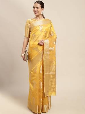 Mustard woven organza saree with blouse 3