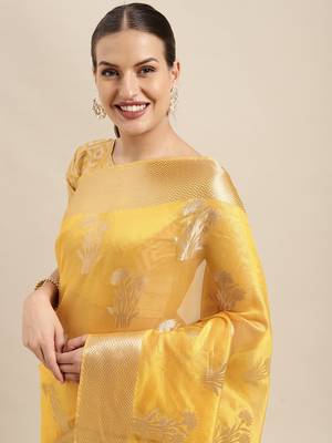 Mustard woven organza saree with blouse 4