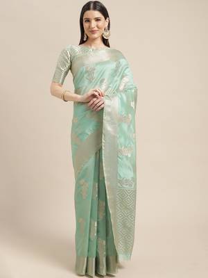 Light green woven organza saree with blouse 1