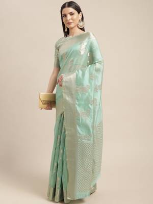 Light green woven organza saree with blouse 3