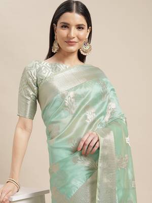 Light green woven organza saree with blouse 4